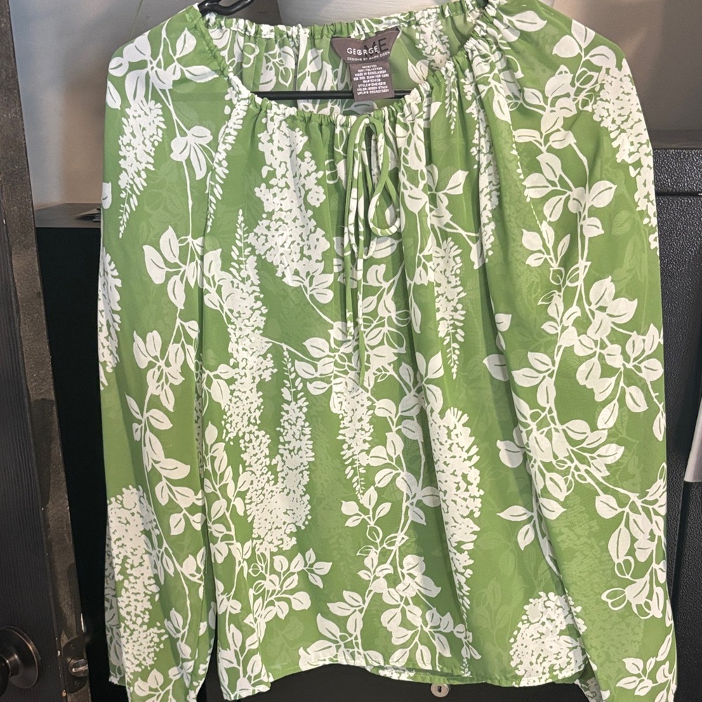 George Green and White Floral Peasant Blouse